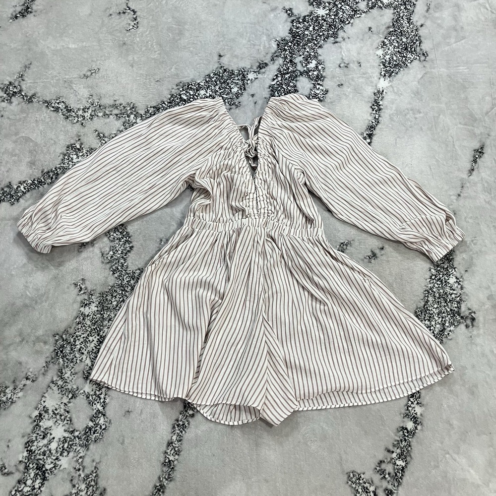 Topshop Striped Puff Sleeve Romper Womens US 12 Pink White Ruched Cottagecore